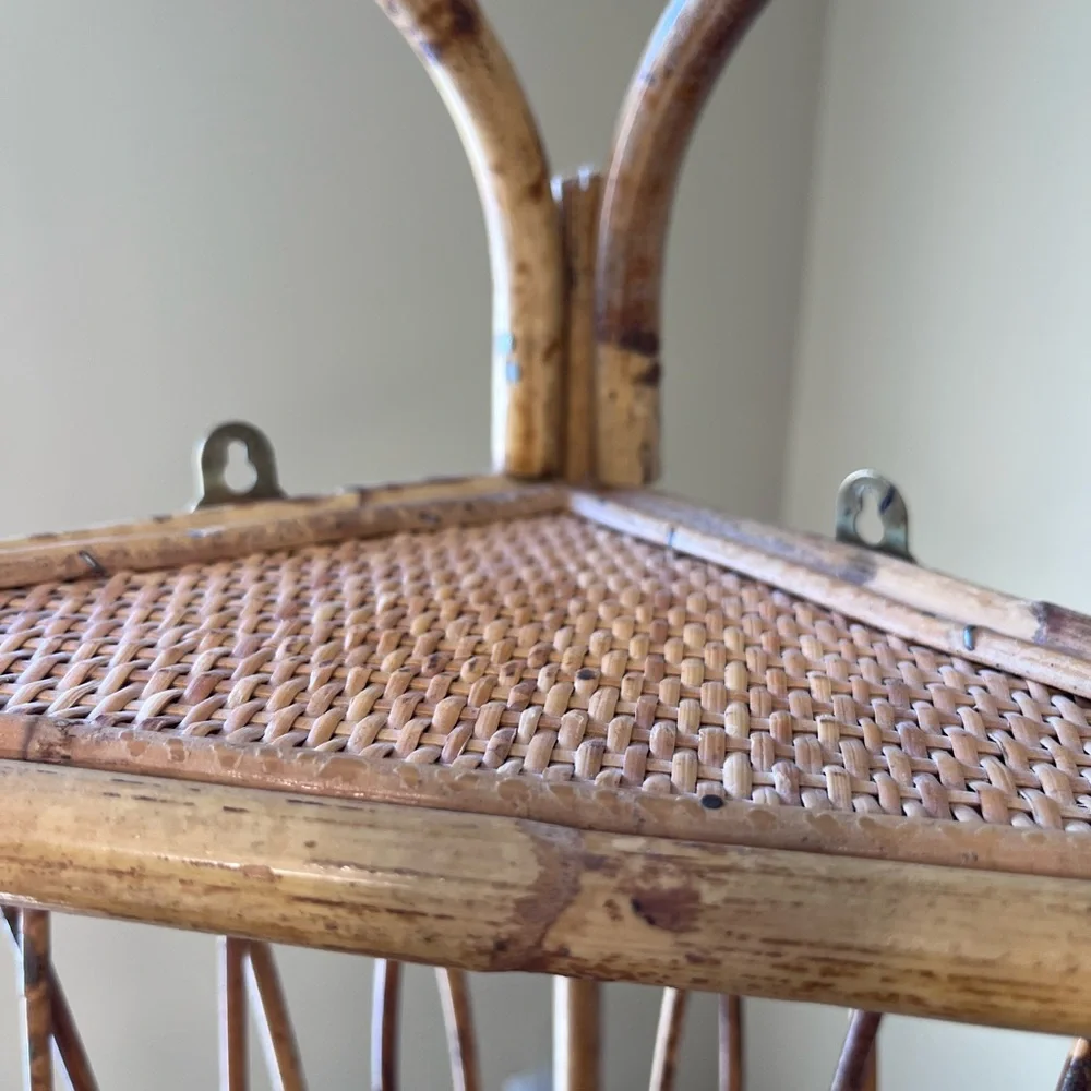 Vintage Tortoiseshell Bamboo Rattan Corner Wall Shelf 3 Tier Decor Boho Rustic
